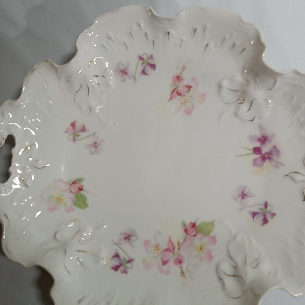 Antique B. R. C. Racine Bavaria Germany Handled Plate Floral Purple & Pink - Picture 2 of 5